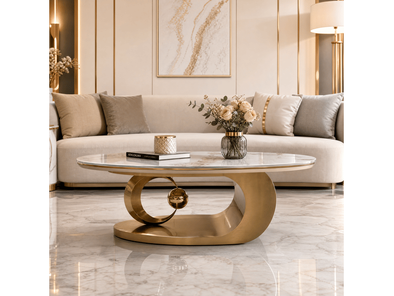  Table basse ovale 120x67x41 cm plateau aspect marbre blanc et structure en métal doré, pour salon, au design élégant  - Conforama E