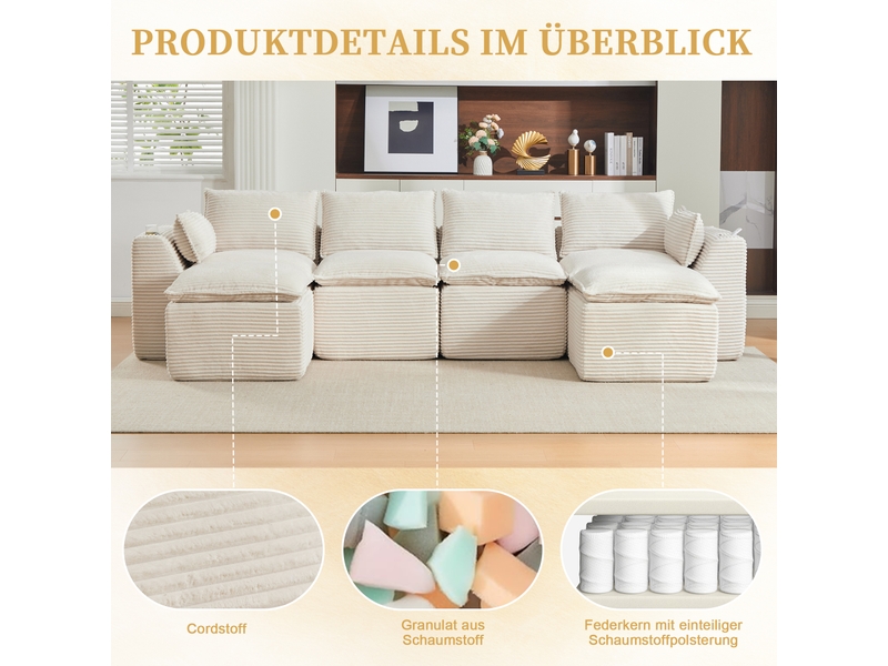 Canapé modulable 4 places en velours côtelé beige 322x161x75 cm W3056S00074 - Conforama D