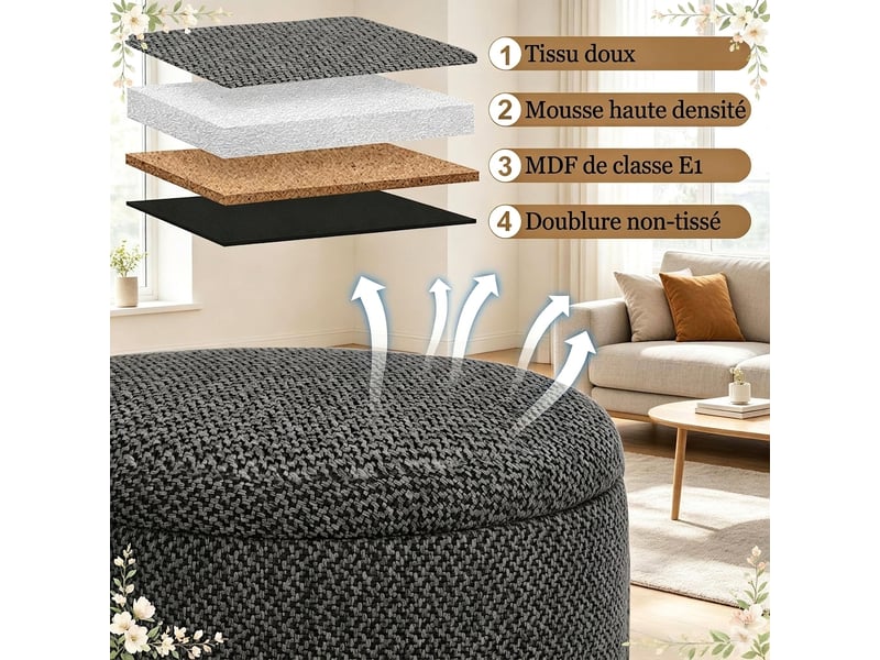  Pouf de rangement rond gris foncé avec plateau en bois, repose-pieds, 39x39x33 cm  - Conforama E
