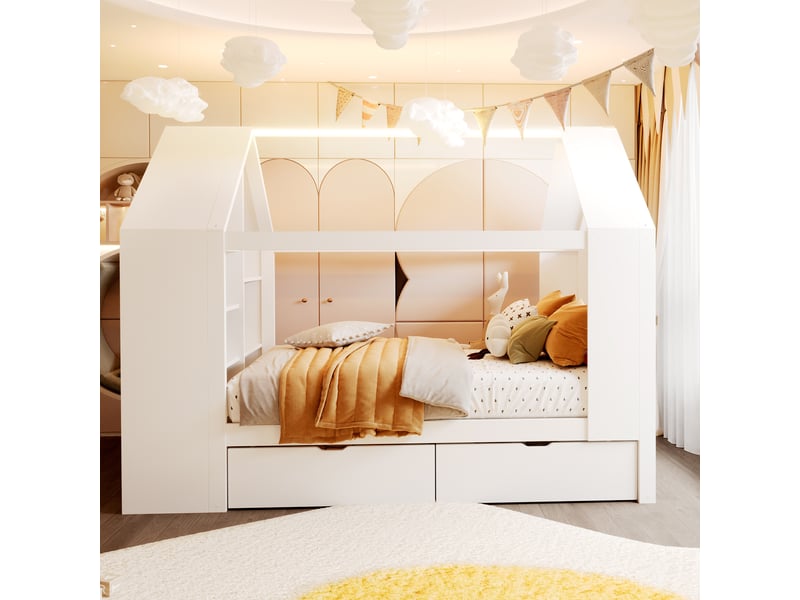  Lit cabane 90x200 cm, lit enfant, 2 tiroirs, led, forme maison, bois blanc  - Conforama D