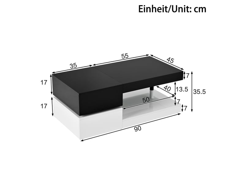  Table basse rectangulaire 90x45x35,5 cm avec led et étagère en verre, design noir et blanc contrasté, aggloméré  - Conforama C