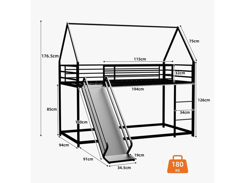  Lit superposé enfant 90x190cm - toboggan intégré - garde-corps 32cm - structure métal - noir  - Conforama E
