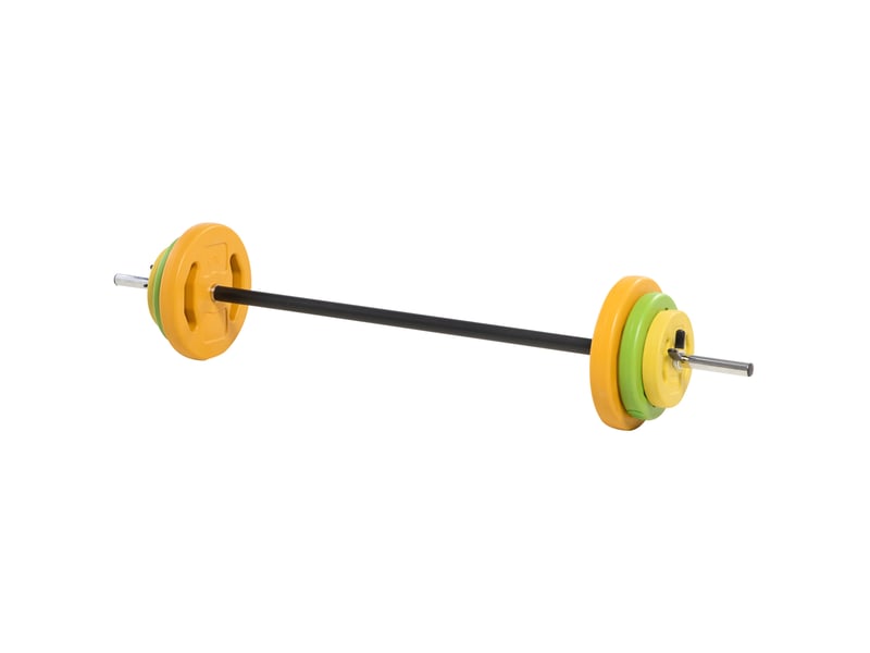  Ensemble haltères et barre 20 kg avec 6 haltères disques de 1,5 kg, 2,5 kg et 5 kg gym musculation orange vert et jaune  - Conforama B