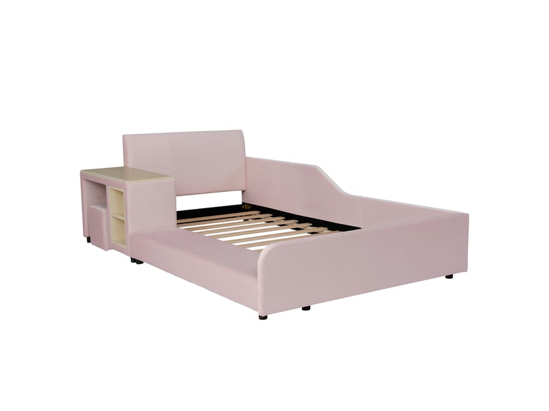  Lit capitonné, lit simple avec bureau et tabouret pour enfant, étagère de rangement, tête de lit rembourrée, sommier à lattes en bois, velours rose, 90 x 200 cm  - Conforama E