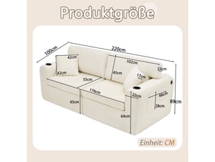 Canapé relax 2 places beige en chenille 220 × 100 × 89 cm, poche latérale, porte-gobelet, coussins et recharge usb