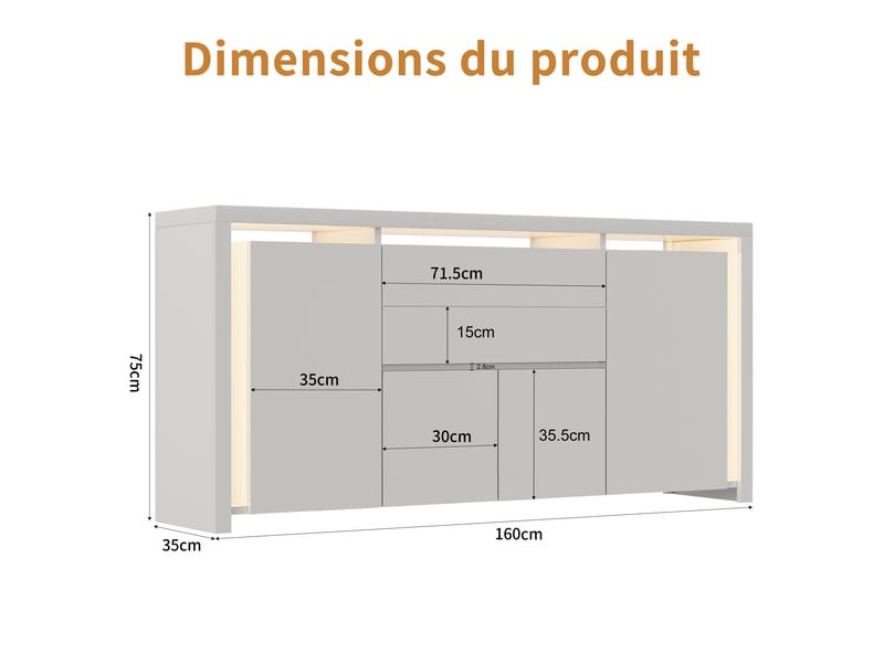  Meuble cuisine blanc, 160x35x75 cm buffet cuisine bas blanc laqué avec éclairage led - 4 portes et 2 tiroirs - pour cuisine, salle à manger, salon  - Conforama C