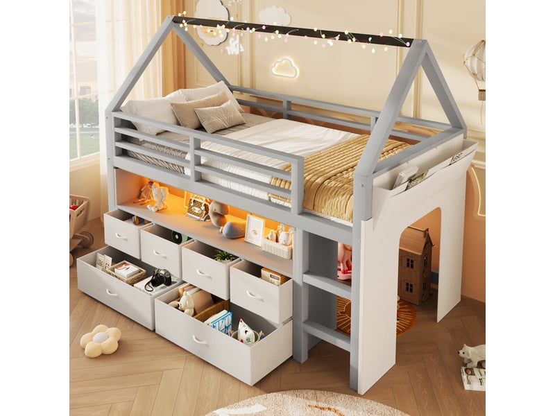  Lit mezzanine maison 90x200 cm avec led, 6 tiroirs en tissu, rideau latéral et poche de rangement, lit enfant en bois avec garde-corps - gris  - Conforama E