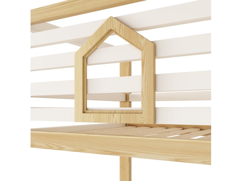 Lit superposé enfant 90x200 cm – blanc et chêne – style cabane, rangement hydraulique intégré, sans matelas - Conforama E
