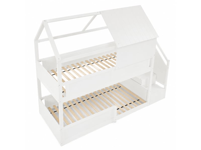  Lit superposé cabane enfant 80 x 200 cm en bois massif blanc avec toit et escalier latéral, 2 couchages, sans matelas  - Conforama A