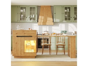 Îlot de cuisine extensible avec rangements, porte vitrée et led (commande app), effet chêne, pour salle à manger