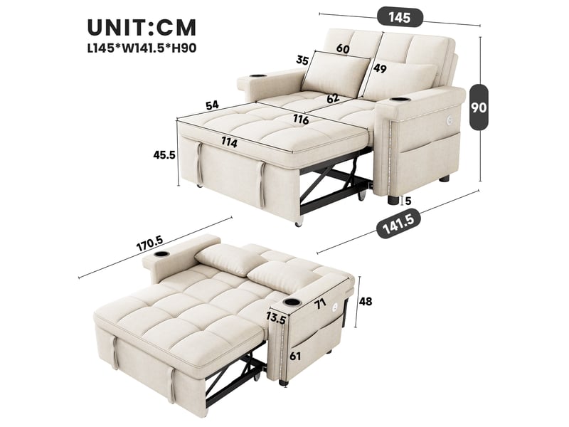  Canapé convertible 2 places 145x141,5x90 cm avec led et ports usbtype-c beige  - Conforama C