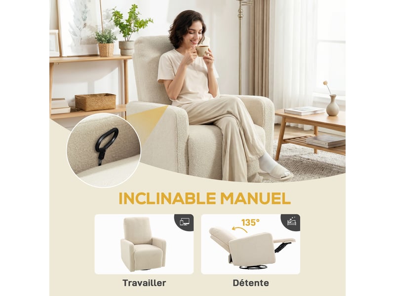  Fauteuil de relaxation inclinable et pivotant en tissu bouclette beige 76x94x100 cm  - Conforama D