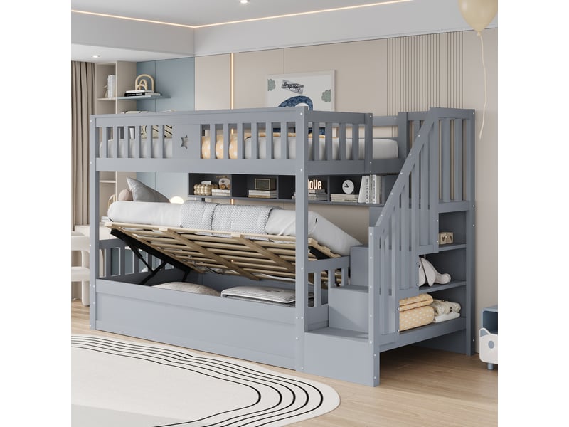 Lit mezzanine enfant 90 x 200 cm, couchage bas avec rangement hydraulique, escalier de rangement et étagères, gain de place, bois, gris ABC - Conforama B