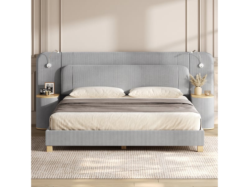  Lit double 180x200 cm, lit rembourré en velours côtelé gris, 2 tables de chevet intégrées, lampes led latérales, tête de lit rembourrée  - Conforama D