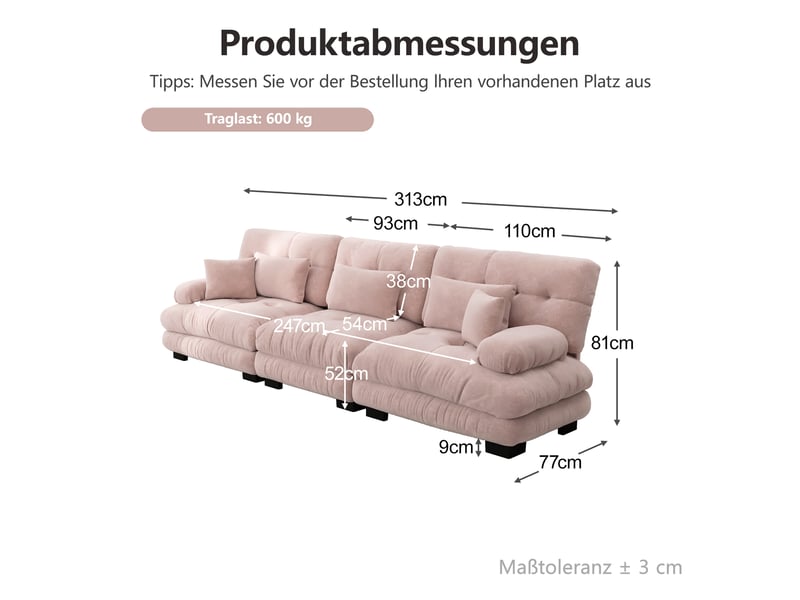  Canapé modulaire 3 places en chenille rose à assise profonde, canapé d’angle rembourré convertible pour salon, appartement ou bureau  - Conforama B