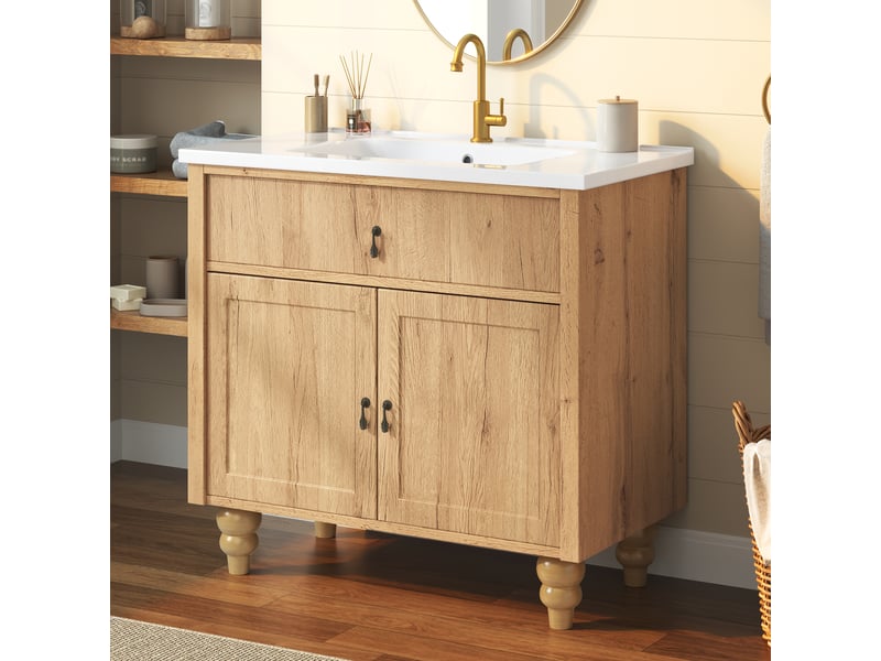 Meuble sous vasque 81x47x86 cm - grand rangement - mdf - mobilier fonctionnel - vasque intégrée - rangement sous lavabo - bois naturel CozyNest - Conforama B