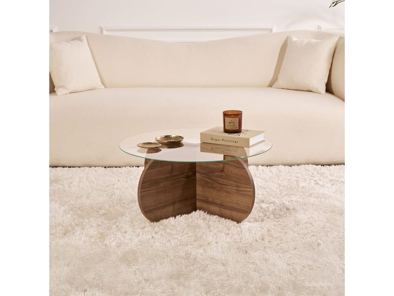  Table basse ronde en verre piètement couleur bois foncé d75 cm  - Conforama E