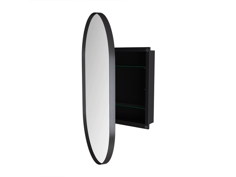  Armoire miroir murale ovale noire, cadre métal, étagères réglables, encastrable  - Conforama D