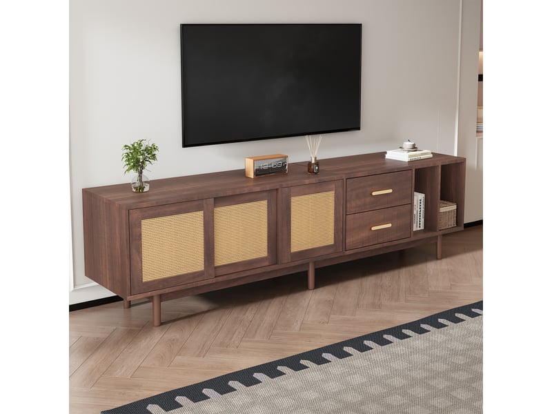  Meuble tv 190 cm rotin marron pour écran 75 pouces, 3 portes et 2 tiroirs, 6 pieds stables  - Conforama R