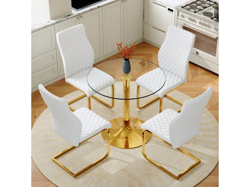  Ensemble table ronde en verre et 4 chaises, table ronde 85 cm en verre trempé, finition blanche et dorée pour salle à manger  - Conforama C