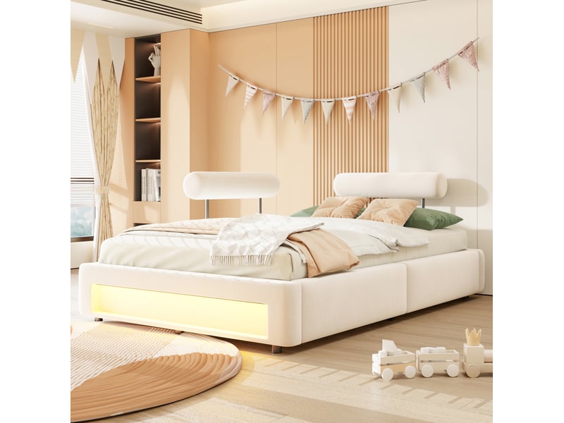 Lit double capitonné 140x200 cm à dossiers réglables et led, velours beige  - Conforama D