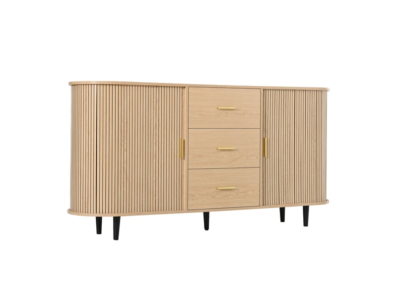  Buffet arrondi 160 cm décor bois naturel, 2 portes coulissantes, 3 tiroirs, étagères réglables et pieds en fer  - Conforama A
