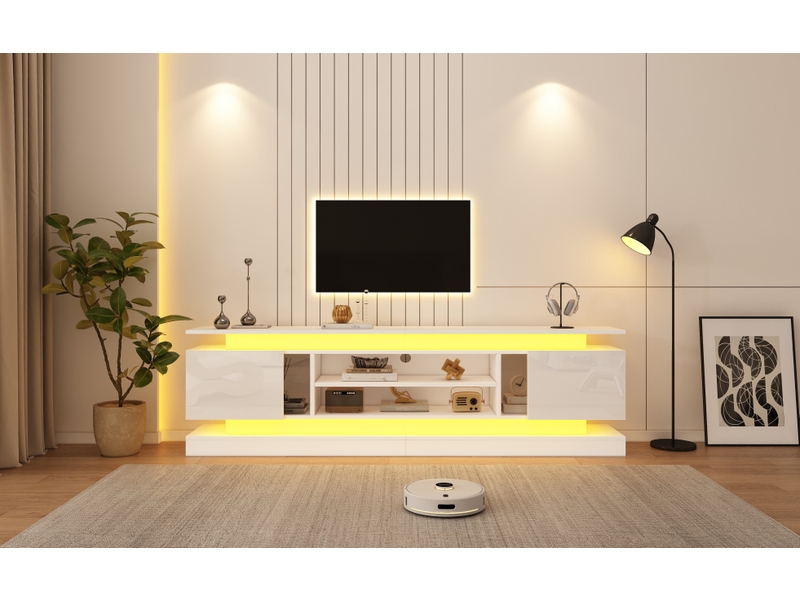  Meuble tv blanc brillant 180 x 35 x 60 cm avec led rgb bluetooth  - Conforama B