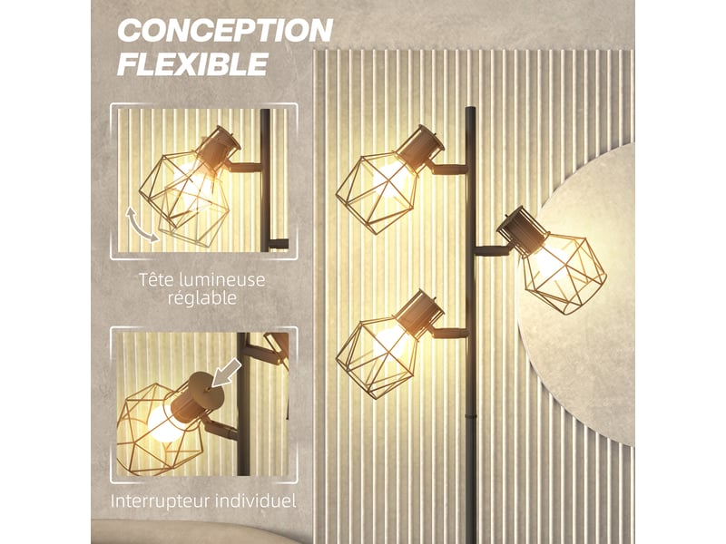  Lampadaire sur pied salon lampe sur pied 3 lumières adaptée aux ampoules e27 (non incluses) 41 x 28 x 169 cm noir  - Conforama E