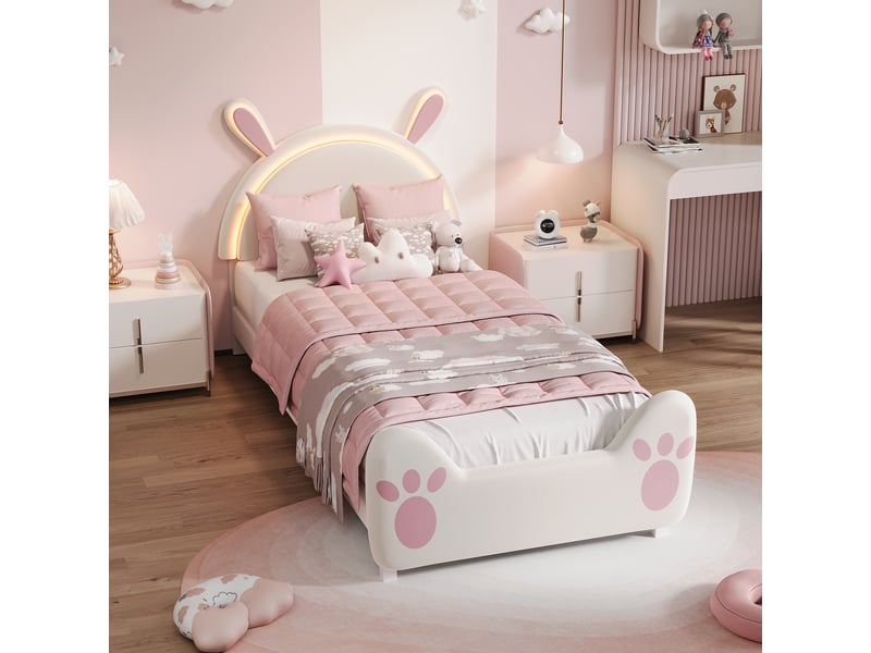Lit enfant et lit simple 90x200 cm avec led, tête de lit lapin avec oreilles, tissu velours, blanc, sans matelas - Conforama B