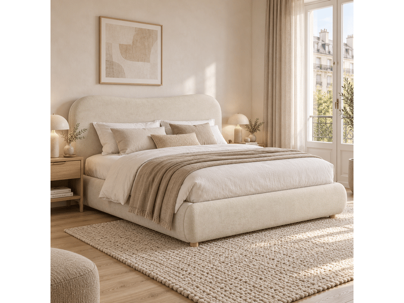  Lit coffre double 160 x 200 cm avec angles arrondis, pieds en bois massif, lit rembourré, structure anti-glissement, chenille, beige Morn Vibe - Conforama B