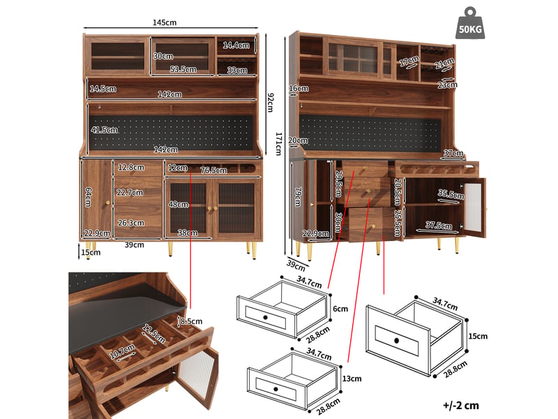  Haut meuble de cuisine 145x39x171 cm marron en mdf et verre, rangement réglable avec éclairage led  - Conforama C