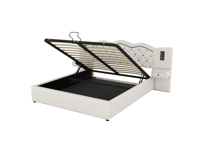  Lit coffre 180x200cm, lit adulte, tête de lit avec chevet, 2 éclairage latéral, prise usb, lin, beige, sans matelas  - Conforama D
