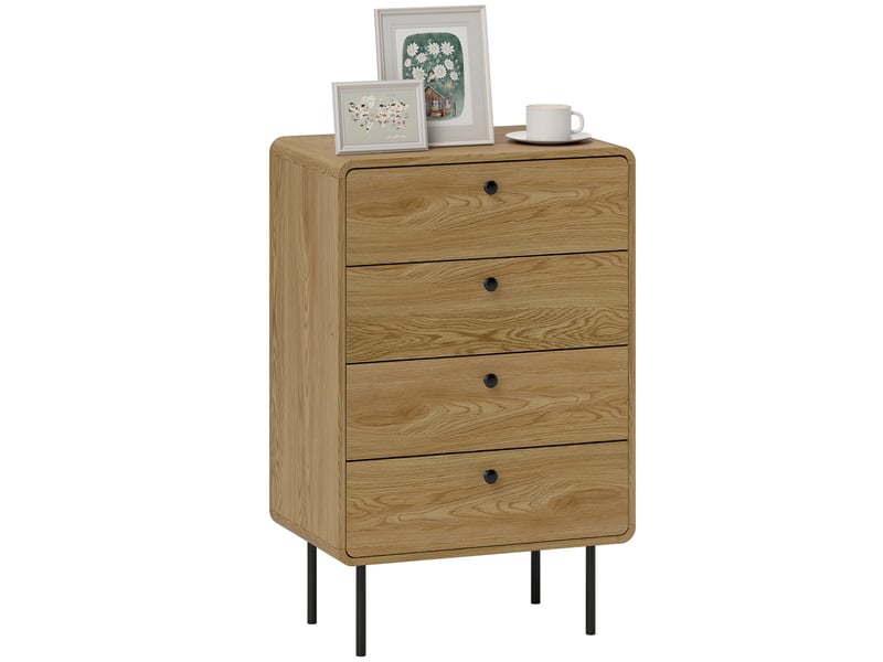  Commode 4 tiroirs, meuble de rangement étroit avec pieds en acier, coins arrondis, 60 x 39 x 91,5 cm, chêne  - Conforama A