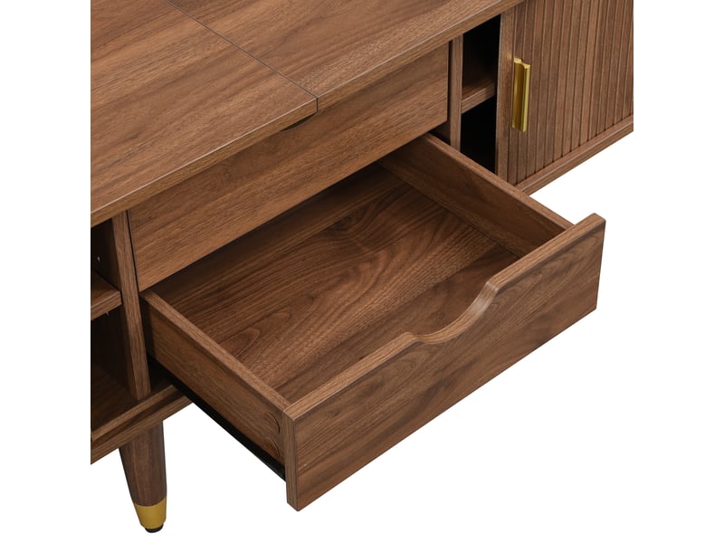  Ensemble salon 2 pièces, meuble tv et table basse relevable, portes coulissantes, façade cannelée, pieds bois et poignées dorées  - Conforama D