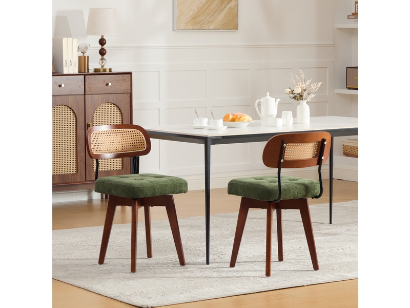  Lot de 2 chaises de salle à manger pivotantes 360° en tissu vert, dossier en paille, style vintage élégant  - Conforama B