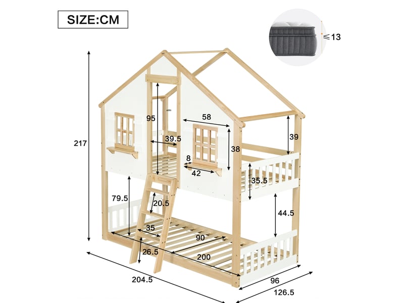  Lit superposé enfant 90x200 cm avec toit, fenêtres et échelle inclinée 3 marches, mdf, blanc et naturel sans matelas  - Conforama C