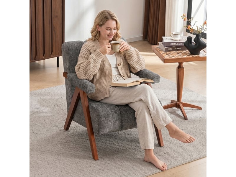  Fauteuil 77 x 77 x 68 cm - style médiéval-moderne - structure en noyer - tissu chenille - gris  - Conforama D
