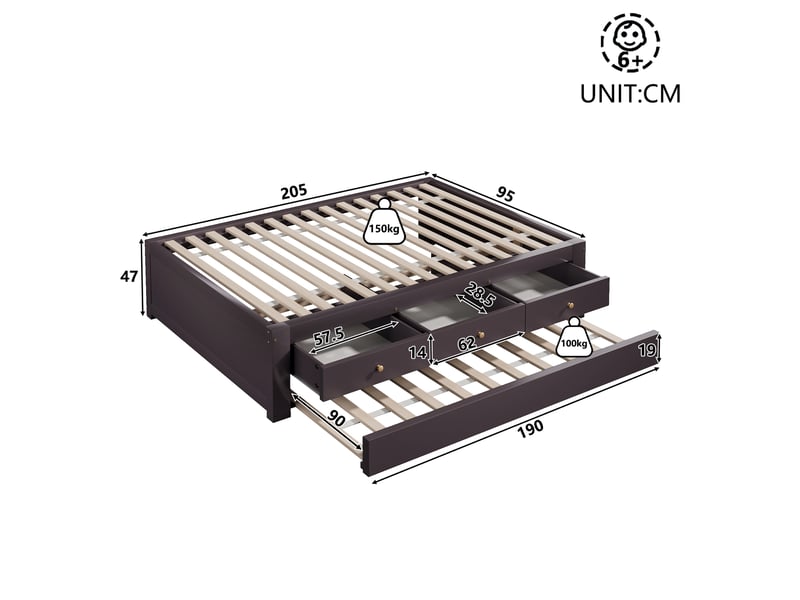  Lit 90x200 cm avec 3 tiroirs et lit gigogne en mdf et bois couleur marron café sans matelas  - Conforama C