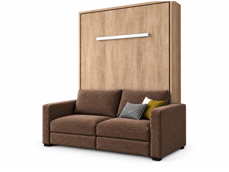  Lit escamotable vertical kimber avec canapé tissu intégré – le salon le jour, un vrai lit la nuit-120x200-cadre chêne clair-façade chêne clair-canapé marron  - Conforama A