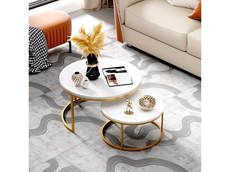  Table basse gigogne 2 pièces effet marbre blanc doré mdf structure métal cravdom  - Conforama C