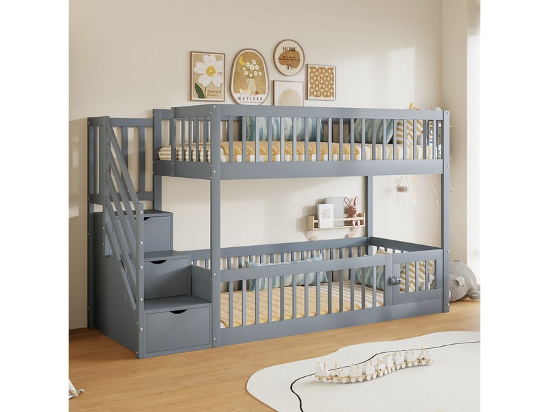 Lit superposé enfant,90x200 cm,avec escalier de rangement,bois,gris - Conforama B
