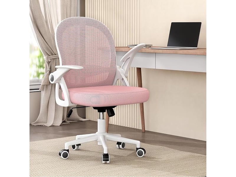  Chaise de bureau avec accoudoir relevable, fauteuil de bureau avec soutien lombaire, siège bureau avec dossier moyen de 45 cm (sans repose-pieds ni appuie-tête, rose)  - Conforama B