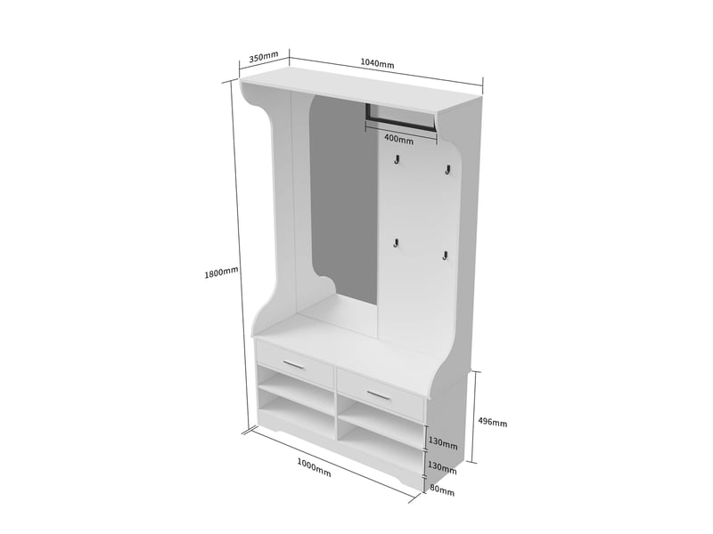  Vestiaire d'entrée - 104x35x180cm - avec grand miroir, 4 patères, tringle, banc coussinné et meuble à chaussures - blanc  - Conforama E
