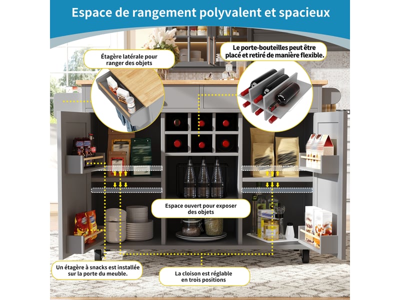  Desserte de cuisine avec casier à bouteilles, roulettes verrouillables et rangement latéral, mdf gris, 102×45×92 cm  - Conforama E