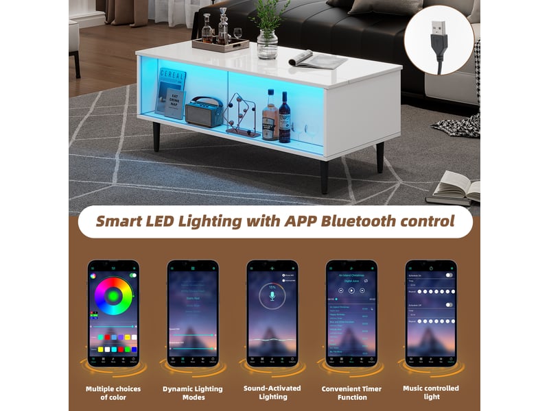  Table basse réglable en hauteur avec rangement caché et led – verre trempé 105 x 50 x 43 cm – moderne  - Conforama E