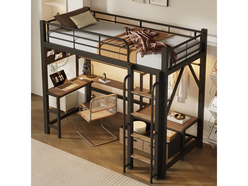  Lit mezzanine enfant 90×200 cm avec bureau, led, usb et deux tiroirs - okmyhome- noir, sans matelas  - Conforama C