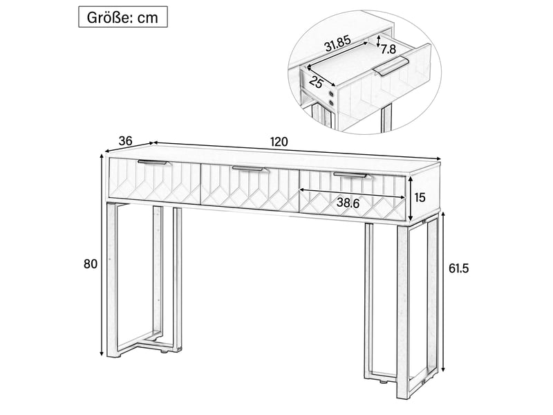  Table console 120x36x80 cm avec 3 tiroirs, mdf blanc et noir  - Conforama C