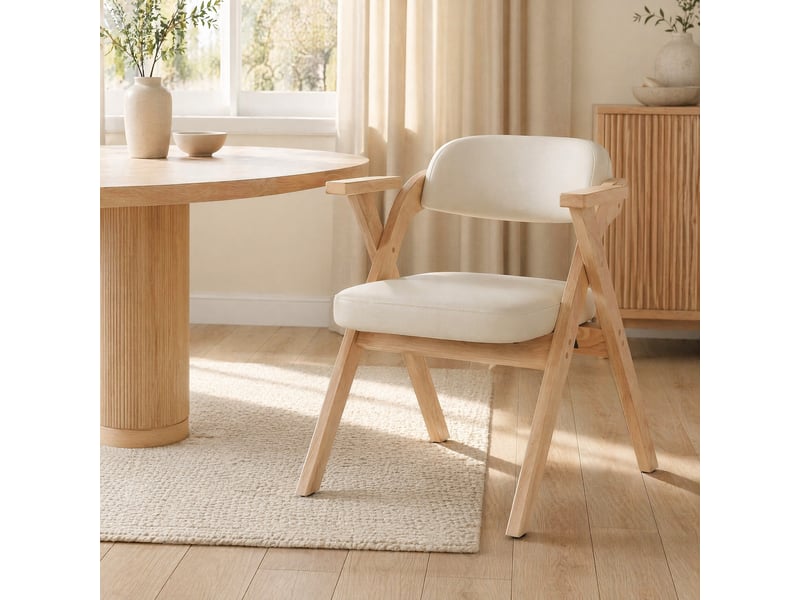  Chaises de salle à manger pliantes lot de 2 avec accoudoirs  - bois massif, lin beige  - Conforama B