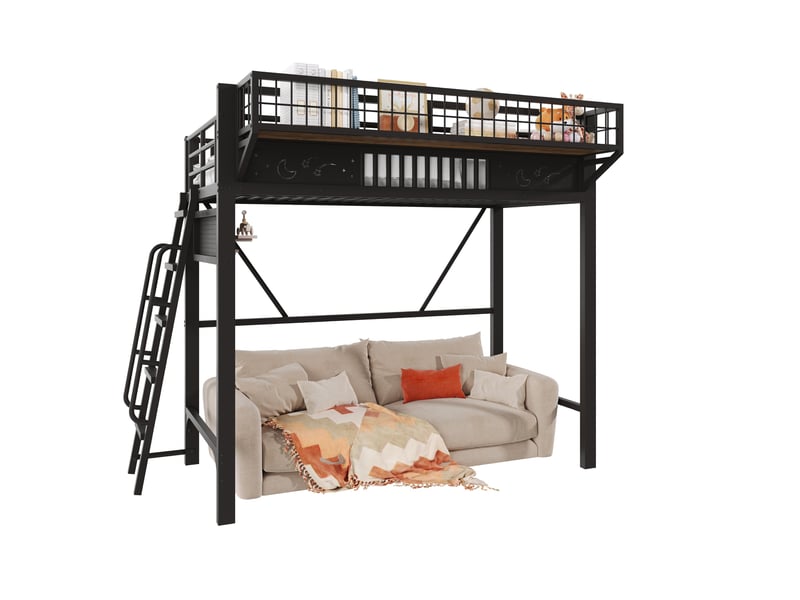  Lit mezzanine 90 × 200 cm en métal avec rangements et espace ouvert, échelle réversible, pour chambre, noir  - Conforama A
