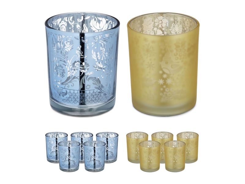  Lot de 12 photophores ronds décoratifs lumineux intérieur extérieur ambiance chaleureuse en verre doré 13_0011634  - Conforama A